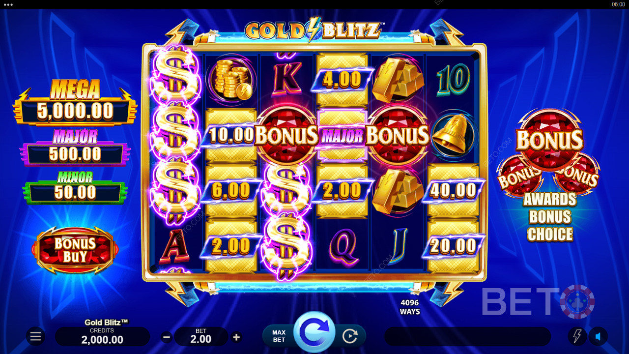 Anda dapat memenangkan Hadiah Jackpot pada putaran permainan dasar apa pun di slot Gold Blitz