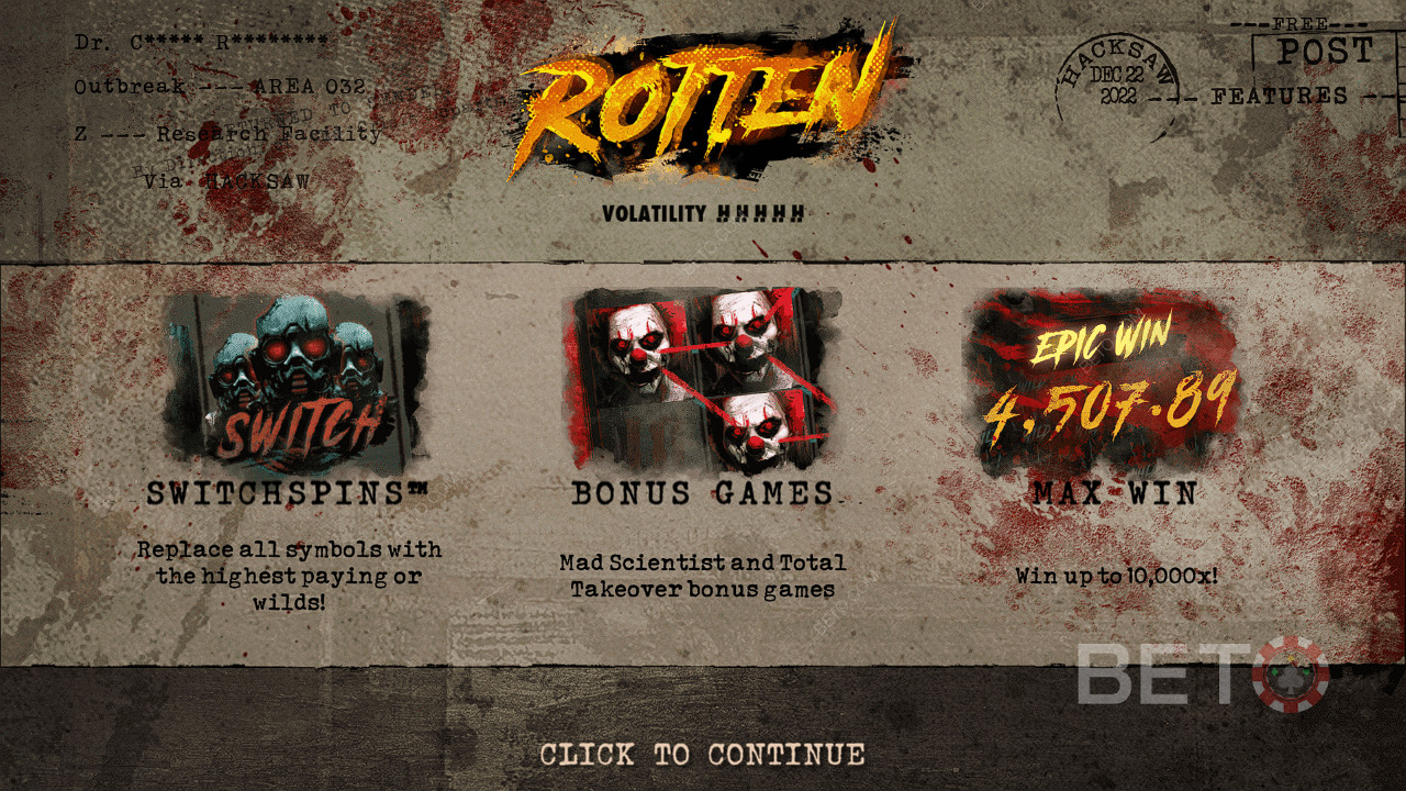 Nikmati SwitchSpins, Spin Gratis, dan banyak lagi di slot Rotten dengan Hacksaw Gaming