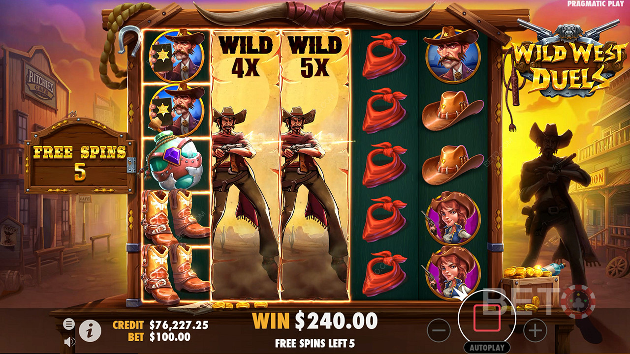 Memperluas Simbol Wild dengan Pengali muncul di Duel Free Spins di mesin slot Wild West