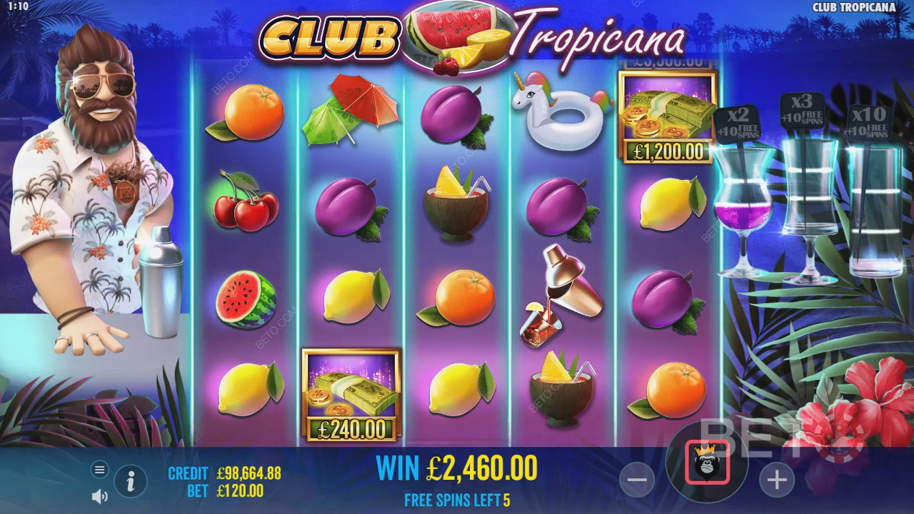 Dapatkan kesempatan untuk mengumpulkan simbol Uang dalam Spin Gratis di slot Club Tropicana