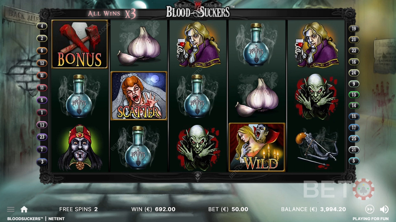 Semua kemenangan dilipatgandakan dalam putaran Free Spins di permainan slot Pengisap Darah