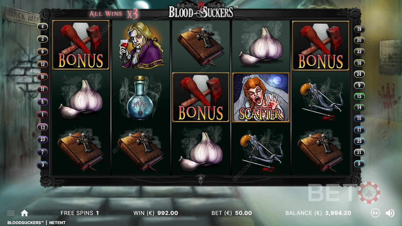 3 simbol bonus di posisi yang tepat memicu Game Bonus di slot Blood Suckers