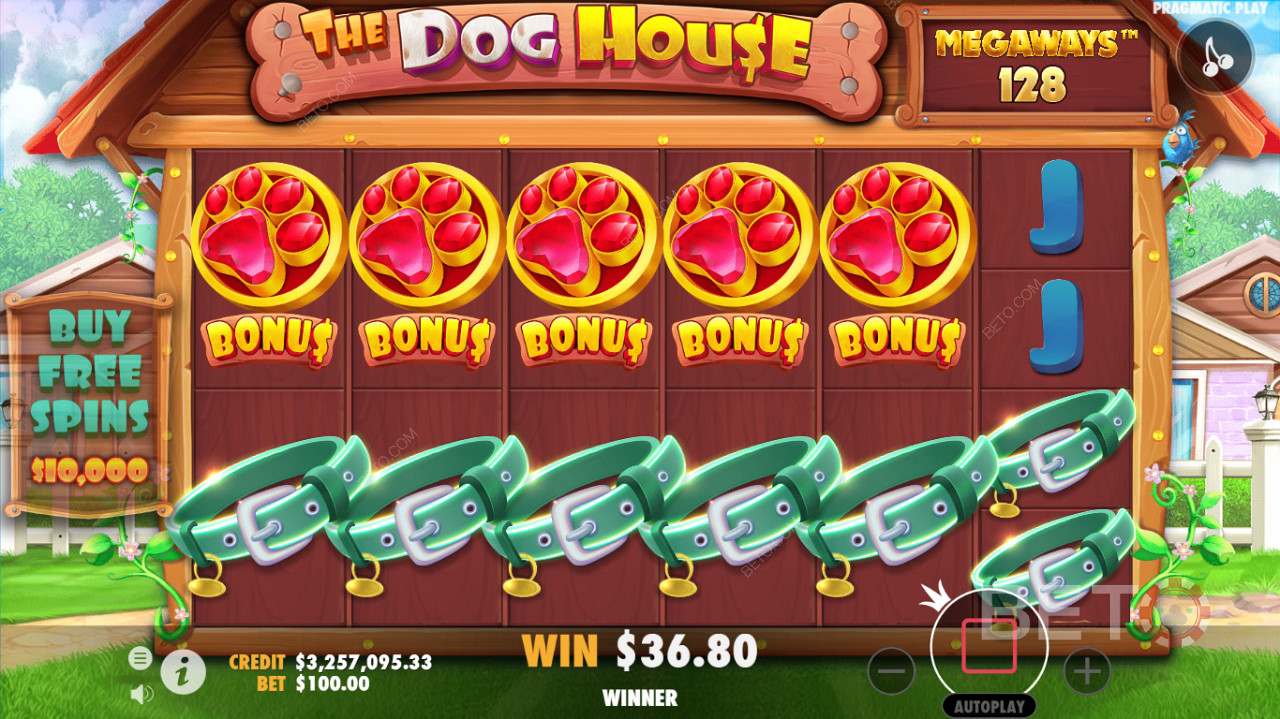 Antarmuka gameplay terperinci dari slot kasino The Dog House Megaways