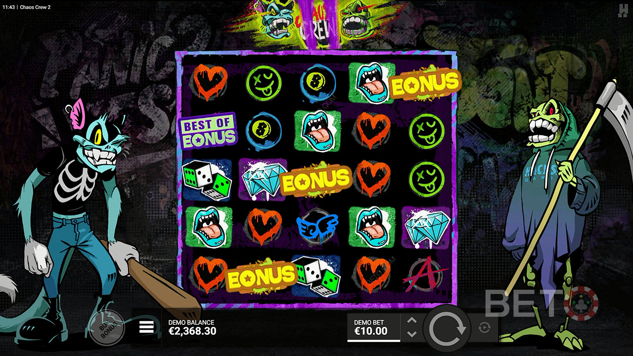 Picu Game Bonus setelah mendaratkan 3 simbol bonus di slot online Chaos Crew 2