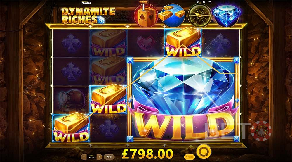 Gold bar wilds dan Expanding wilds dapat menggantikan simbol reguler untuk memberi Anda kemenangan besar di Dynamite Riches