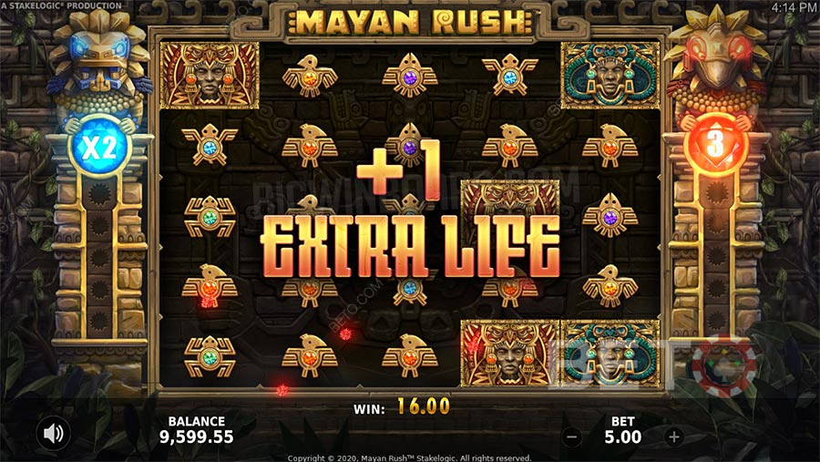 Fitur bonus Mayan Rush termasuk fitur Free Spins, pengganda, dan fitur judi
