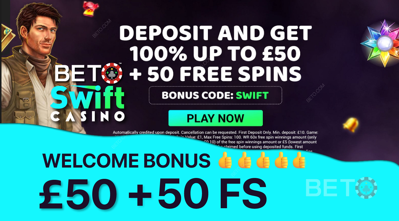 Dapatkan bonus 100% hingga £ 50 dan 50 Spin Gratis sebagai Bonus Selamat Datang