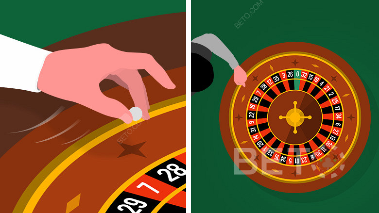 Dealer memutar bola ke arah yang berlawanan dari roda roulette.