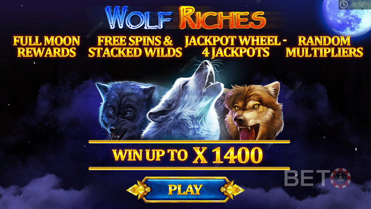 Spin gratis, pengali, jackpot, dan Stacked Wilds di slot Wolf Riches