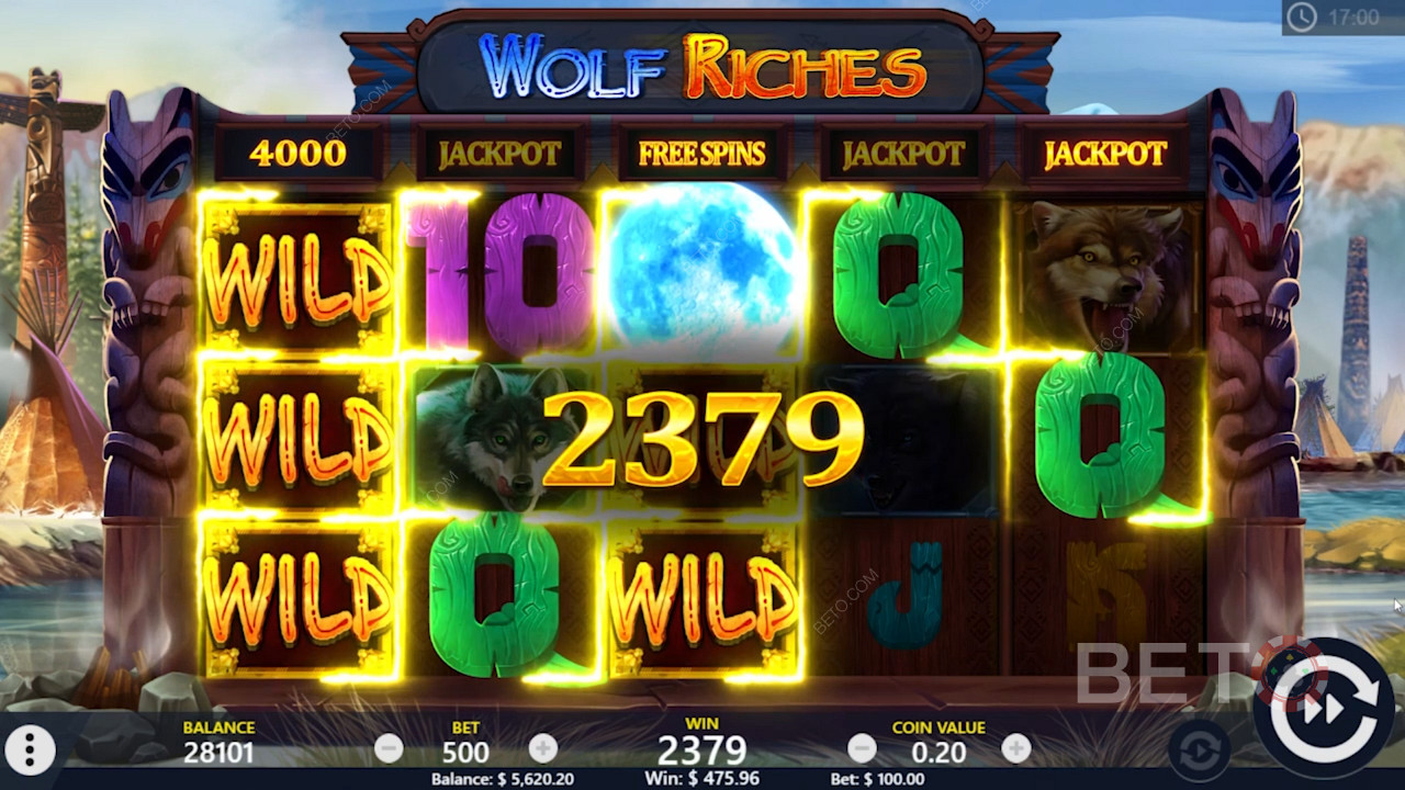 Spin Gratis dan kemenangan Wild di slot online Wolf Riches