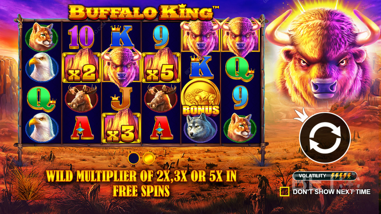 Semua Simbol Wild dapat memiliki efek pengali 2x, 3x, atau 5x di Buffalo King