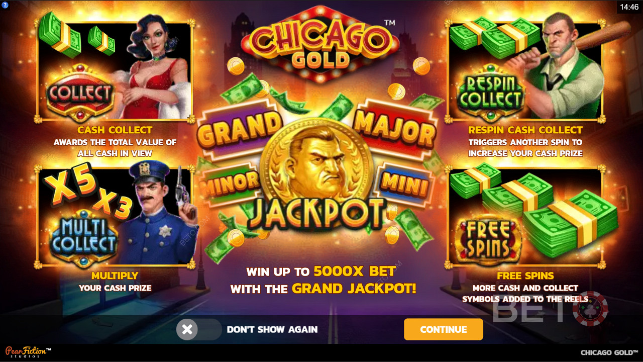 Nikmati fitur Kumpulkan, Jackpot, dan Spin Gratis di mesin slot Chicago Gold