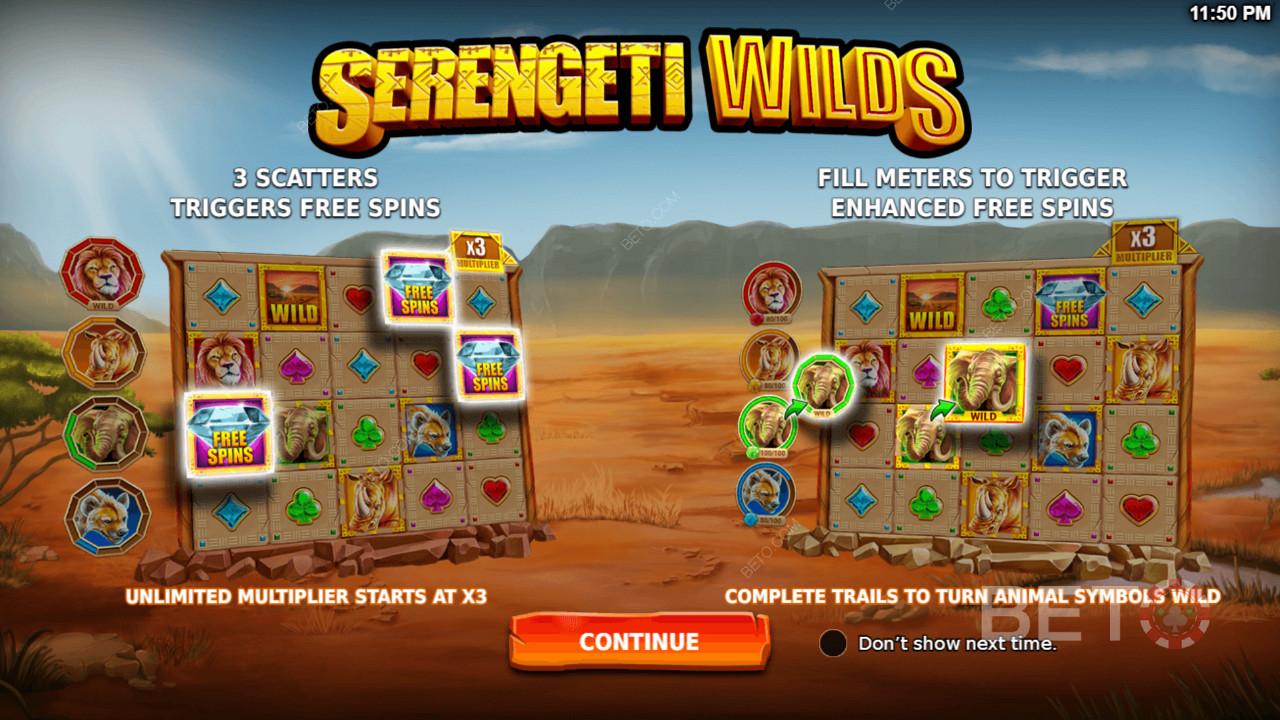 Nikmati fitur-fitur canggih seperti Free Spins dan Enhanced Free Spins di slot Serengeti Wilds