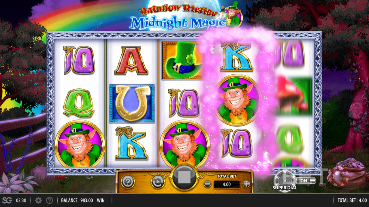 Rainbow Riches Midnight Magic dari Barcrest yang Fiturnya termasuk Bonus Super Dial