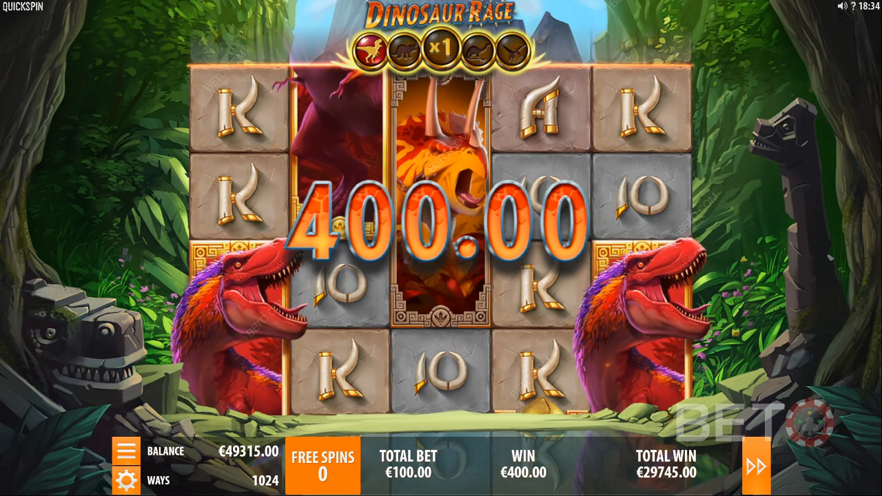 Mendaratkan kemenangan senilai 400 koin di Mesin Slot Dinosaurus Rage