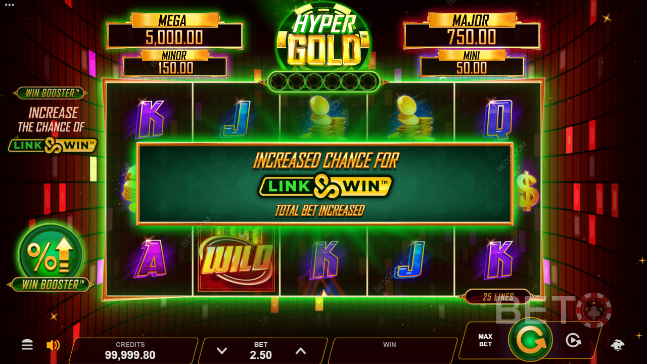 Hyper Gold menampilkan fitur Win Booster dan Link & Win Bonus untuk menggetarkan Anda
