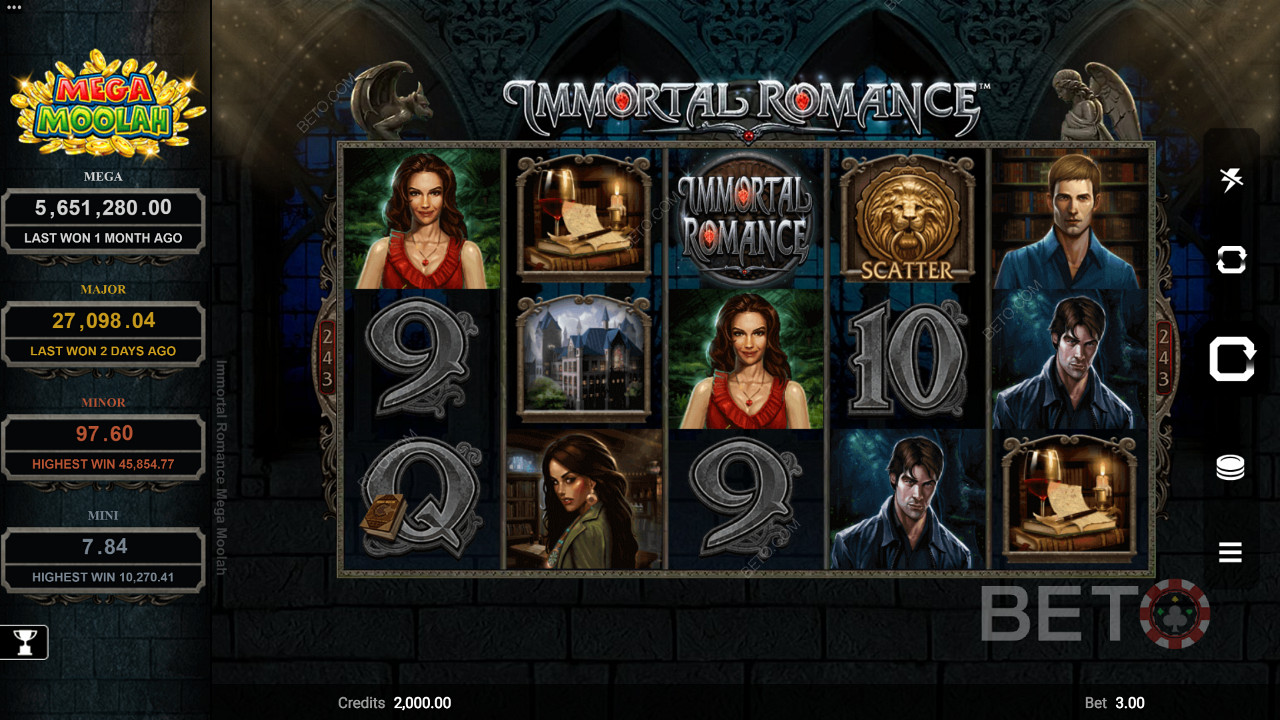 Mesin slot Immortal Romance Mega Moolah dengan tema vampir