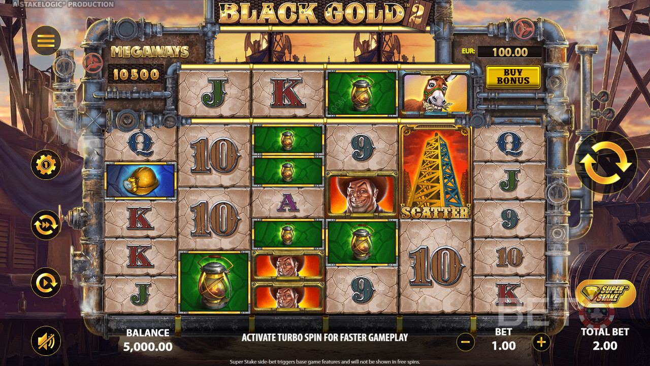 Daratkan 3 atau lebih simbol identik untuk menang di slot online Black Gold 2 Megaways