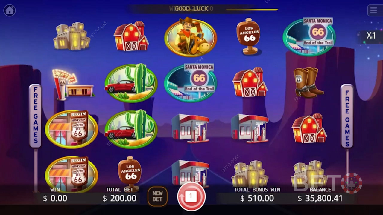 Pilih kasino online favorit Anda dan nikmati hingga 20 Spin Gratisdi video game kasino Route 66