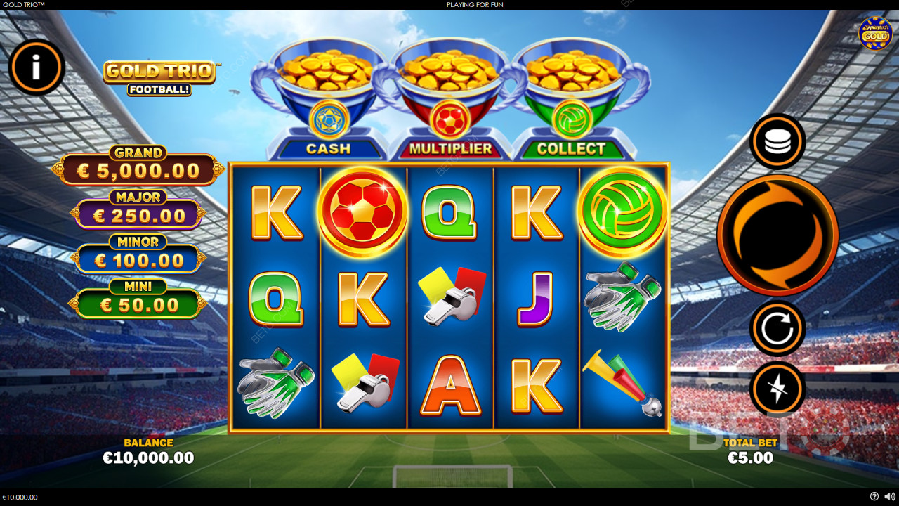 Menangkan 1.000x taruhan Anda di Trio Emas: Sepak Bola! Slot Video!