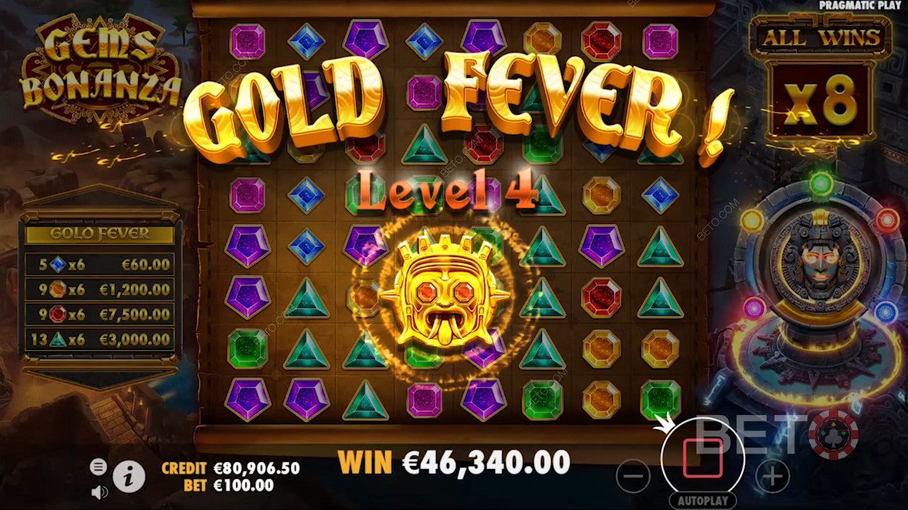 Kumpulkan setidaknya 114 simbol kemenangan untuk membuka bonus Gold Fever Progressive
