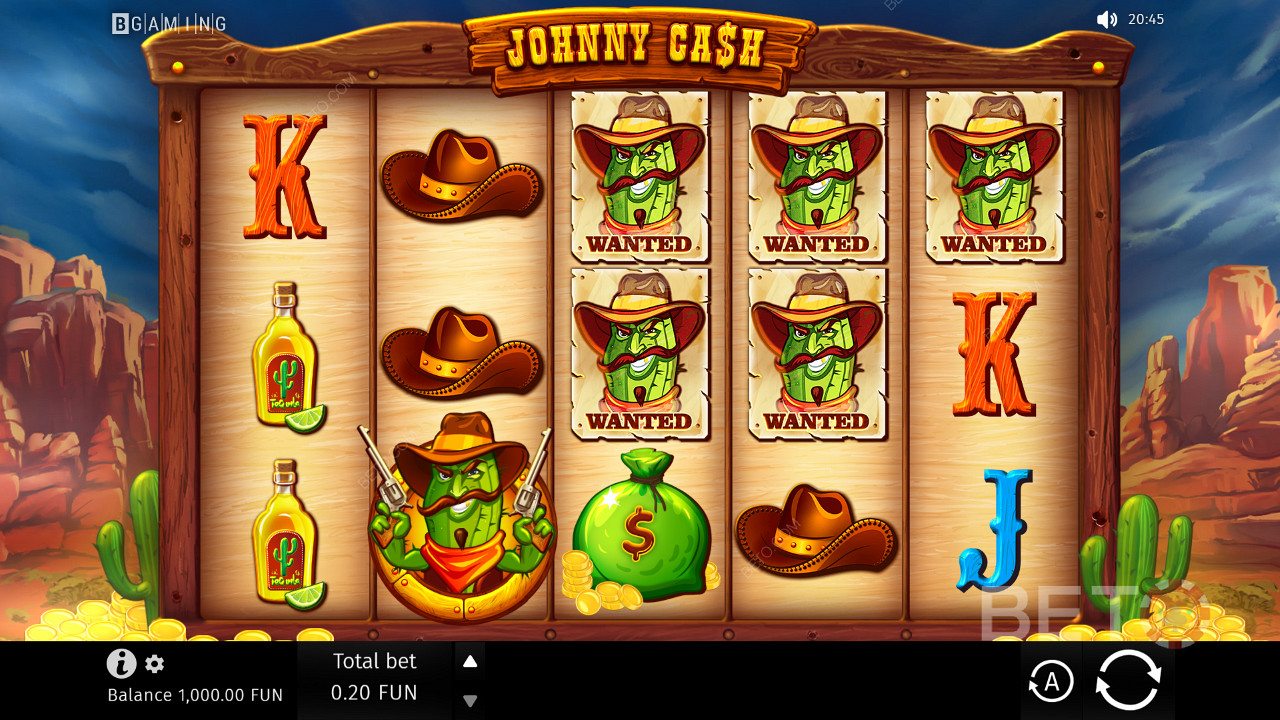 Kisi permainan klasik Johnny Cash dengan 5 gulungan dan 3 baris