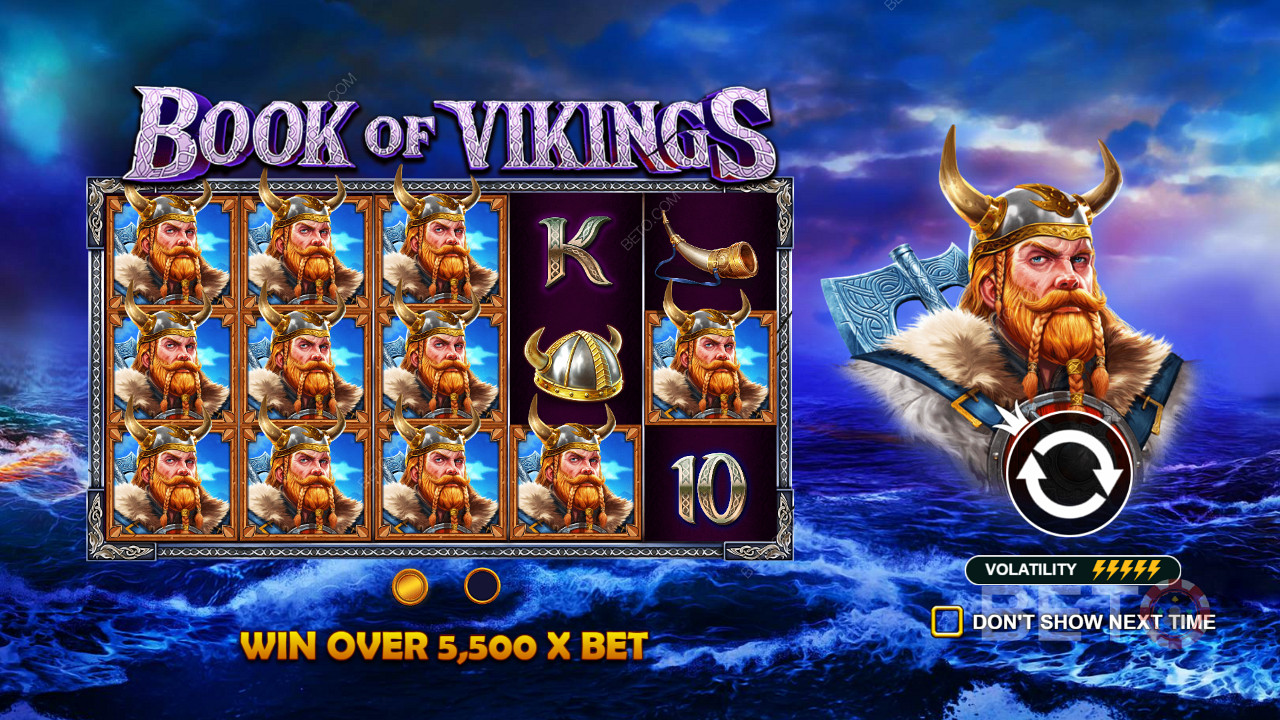 Menangkan hadiah senilai hingga 5,500x taruhan di slot Book of Vikings yang sangat dinamis