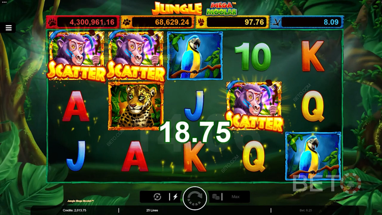 Daratkan 3 Scatter Monyet untuk memicu Putaran Gratis di game slot online Jungle Mega Moolah