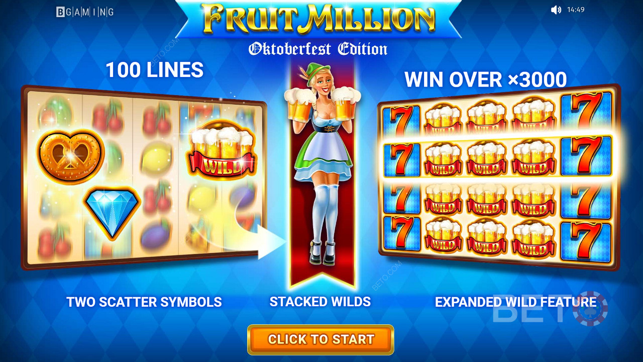 Mainkan lebih dari 100 baris slot dan menangkan hingga 3000x taruhan Anda di Fruit Million