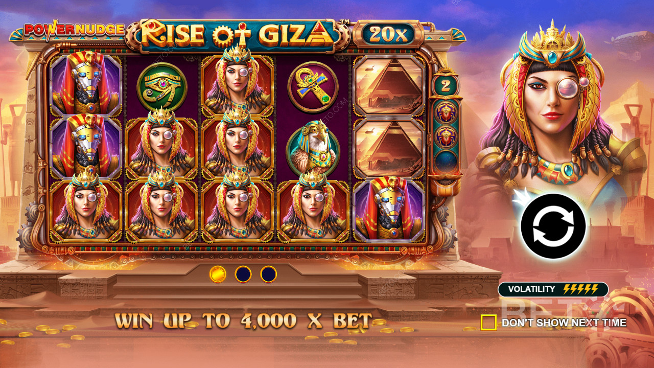 Menangkan hingga 4,000x taruhan Anda di slot online Rise of Giza PowerNudge