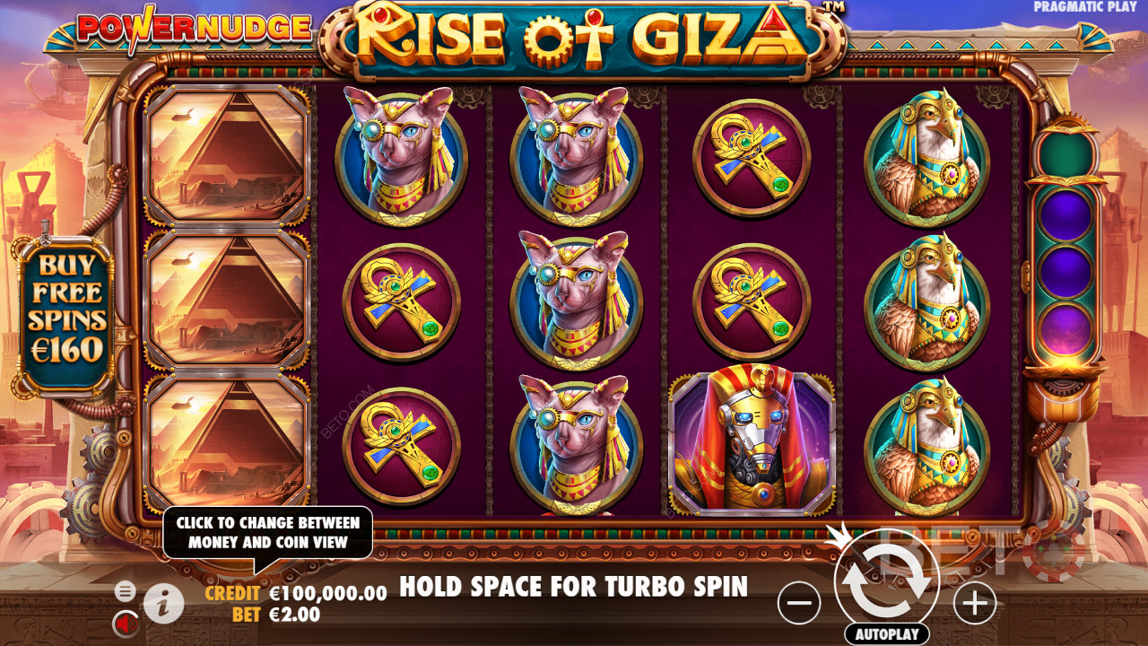 Bayar 80x taruhan Anda dan beli Spin Gratis di mesin slot Rise of Giza PowerNudge