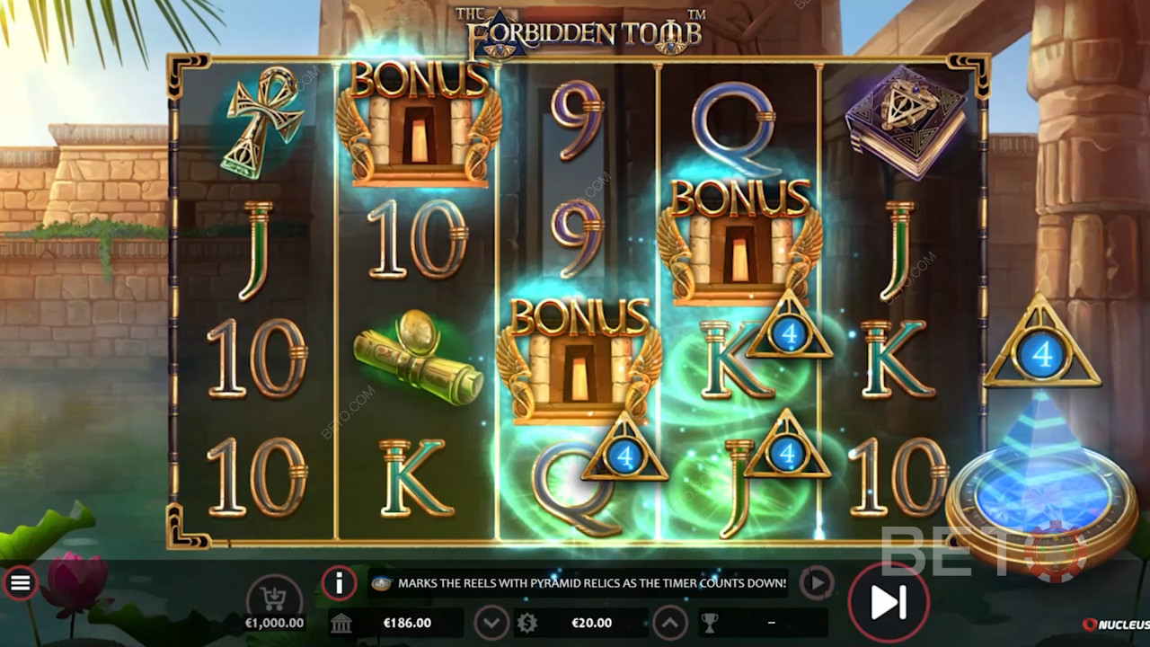 Picu Putaran Gratis dengan 5 hingga 10 Wilds di The Forbidden Tomb video game oleh Nucleus Gaming