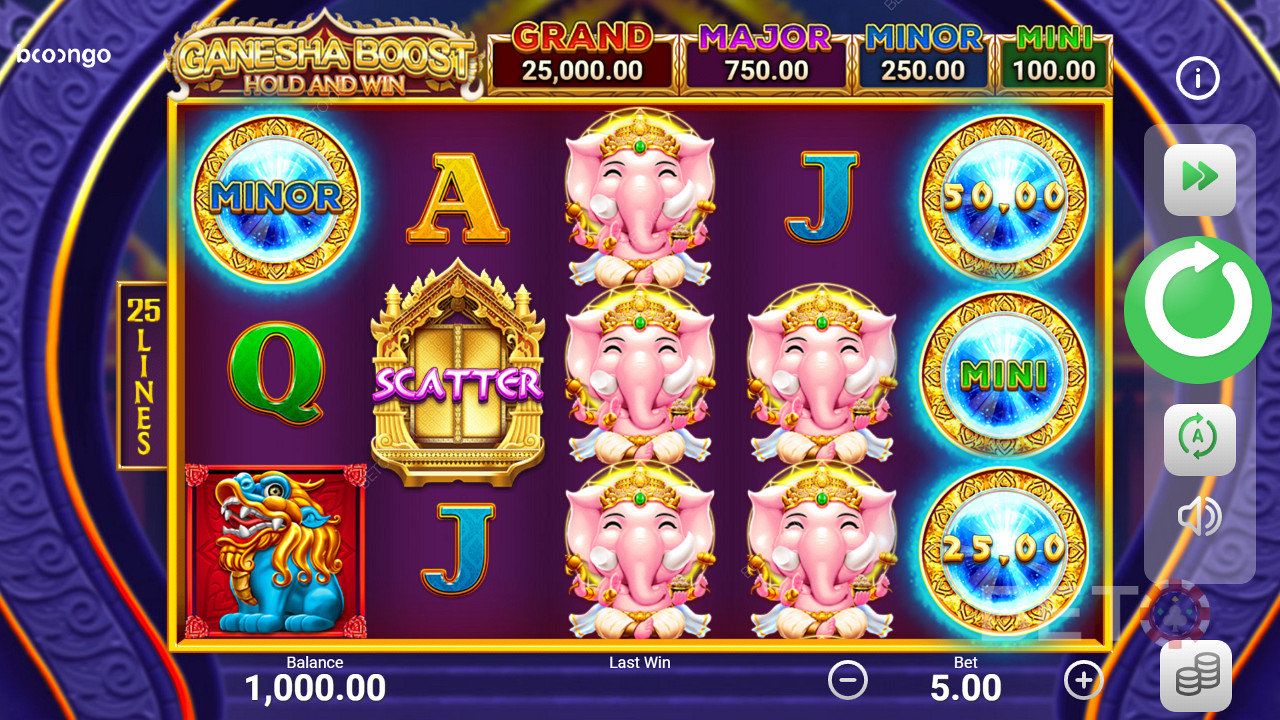 Nikmati jackpot dengan mendaratkannya dalam permainan bonus di slot Ganesha Boost Hold and Win