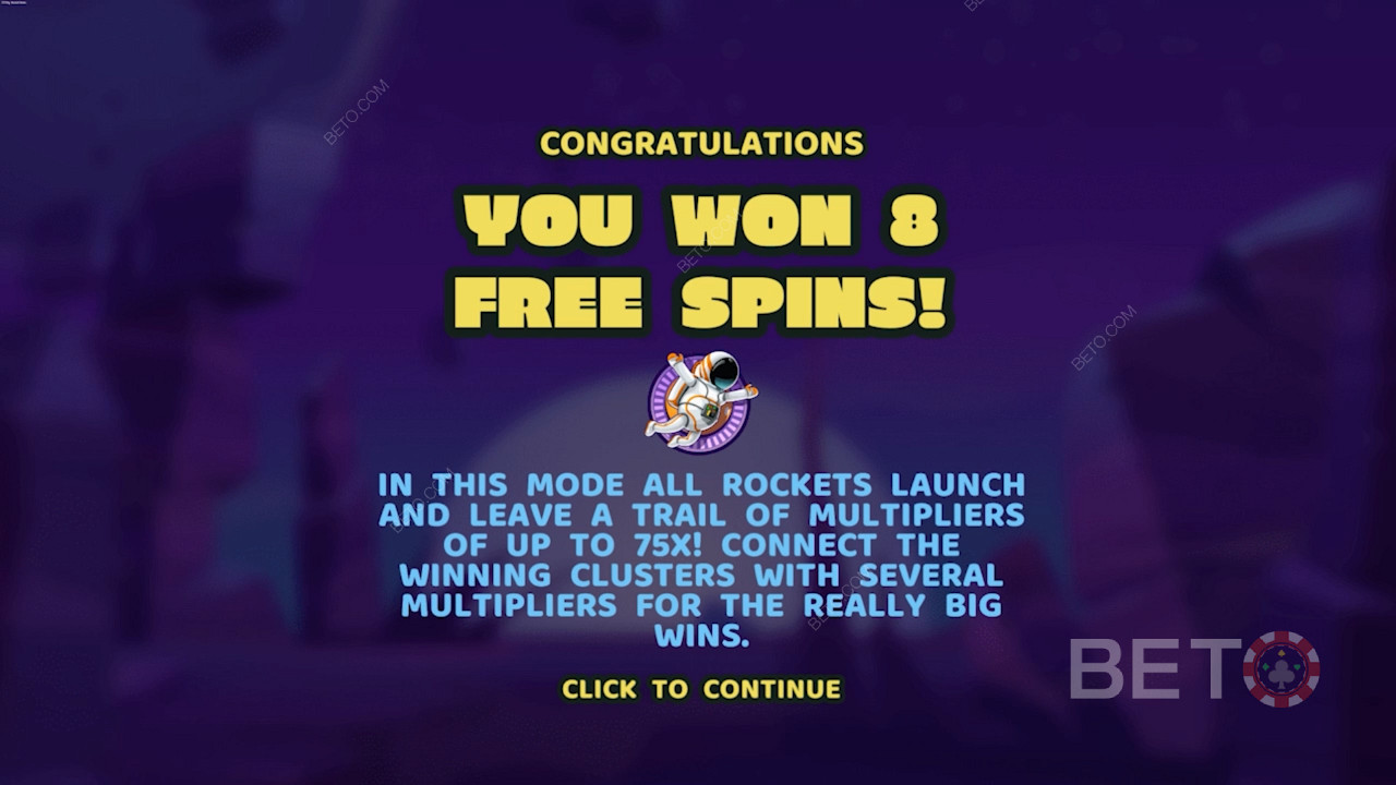 Mendaratkan 3 simbol Spaceman memicu mode permainan Free Spins di mesin slot ini
