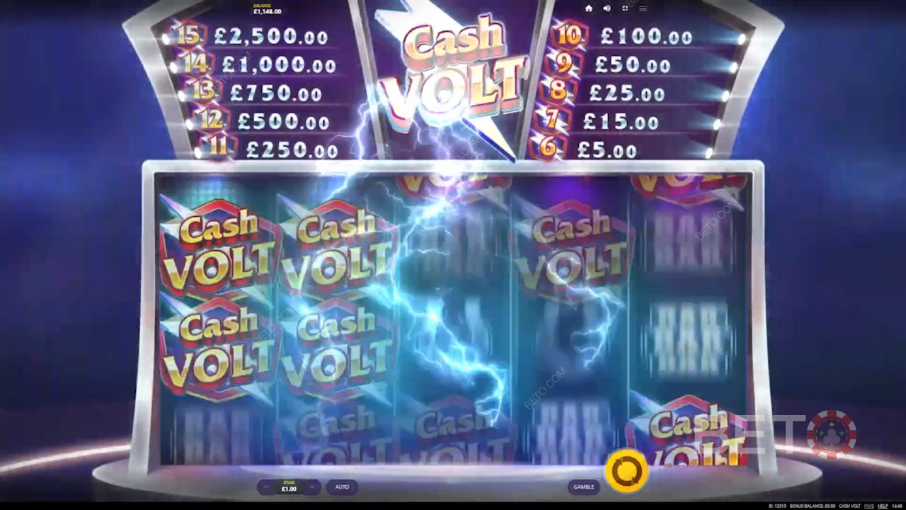 Bermain untuk memenangkan hadiah menarik senilai hingga 2,500x taruhan di slot Cash Volt