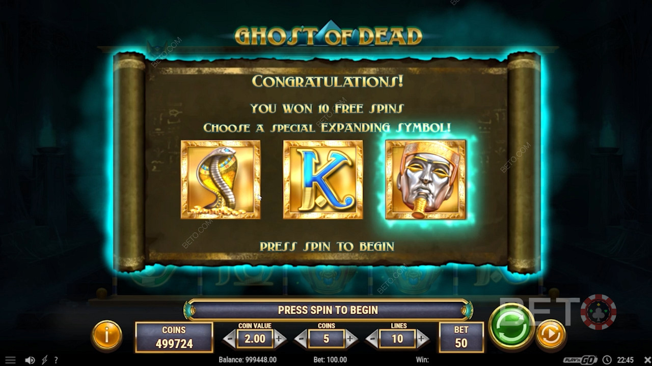 Memilih simbol yang meluas di putaran spin gratis Ghost of Dead
