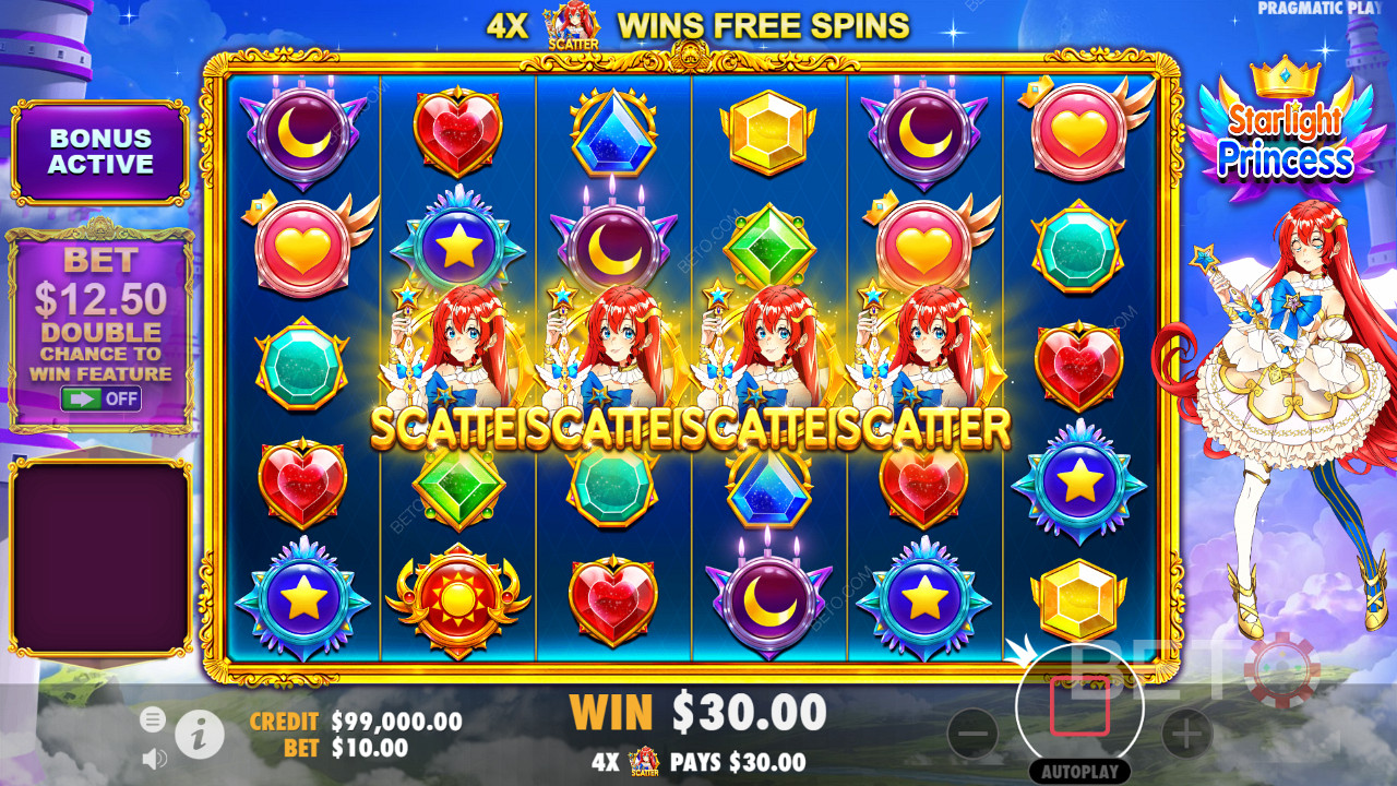 Mendaratkan setidaknya 4 simbol Scatter memicu putaran bonus Free Spins