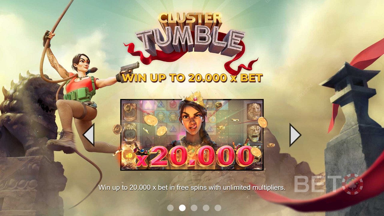 Menangkan hingga 20,000x pembayaran senilai taruhan di slot online Cluster Tumble