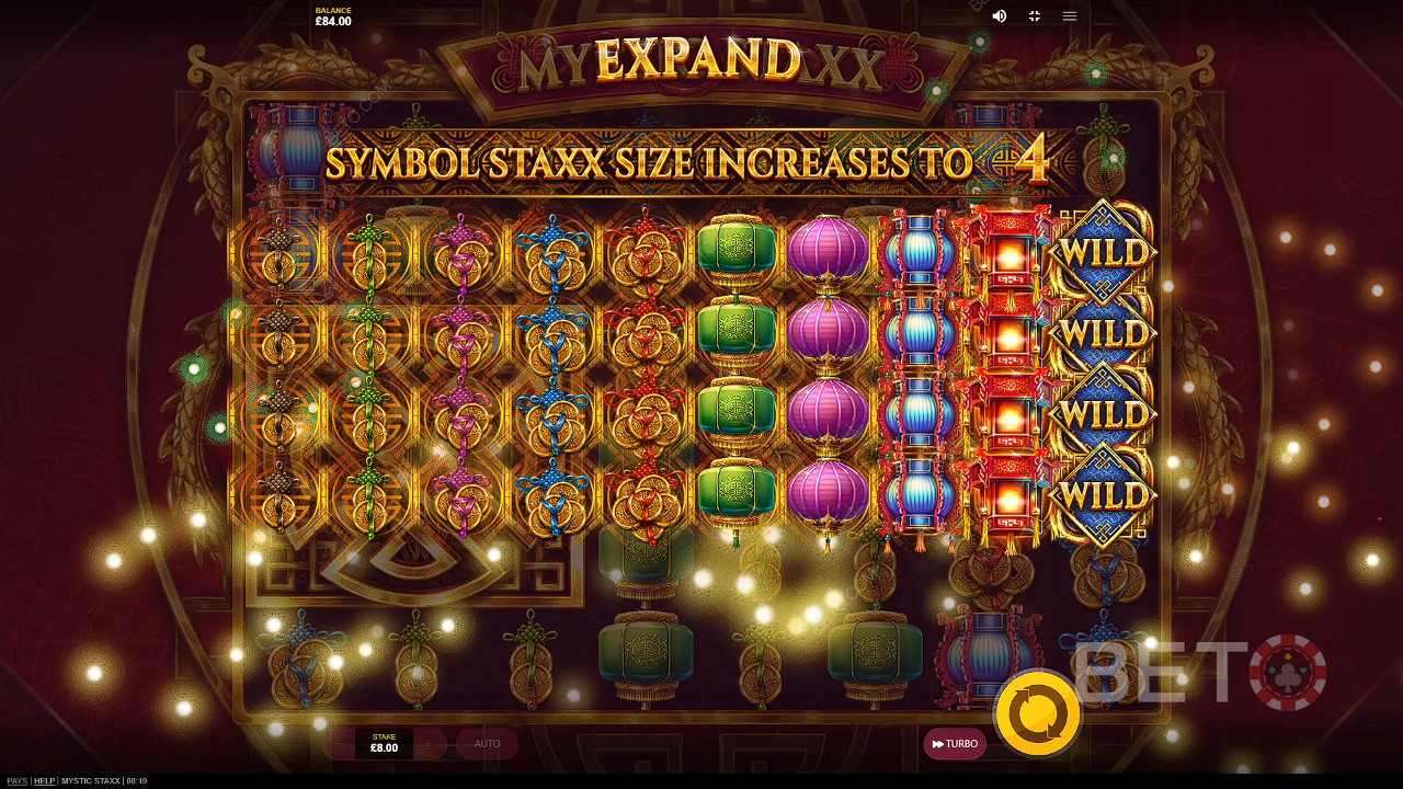 Satu putaran dengan simbol yang diperluas dapat memberi Anda kemenangan besar di mesin slot Mystic Staxx