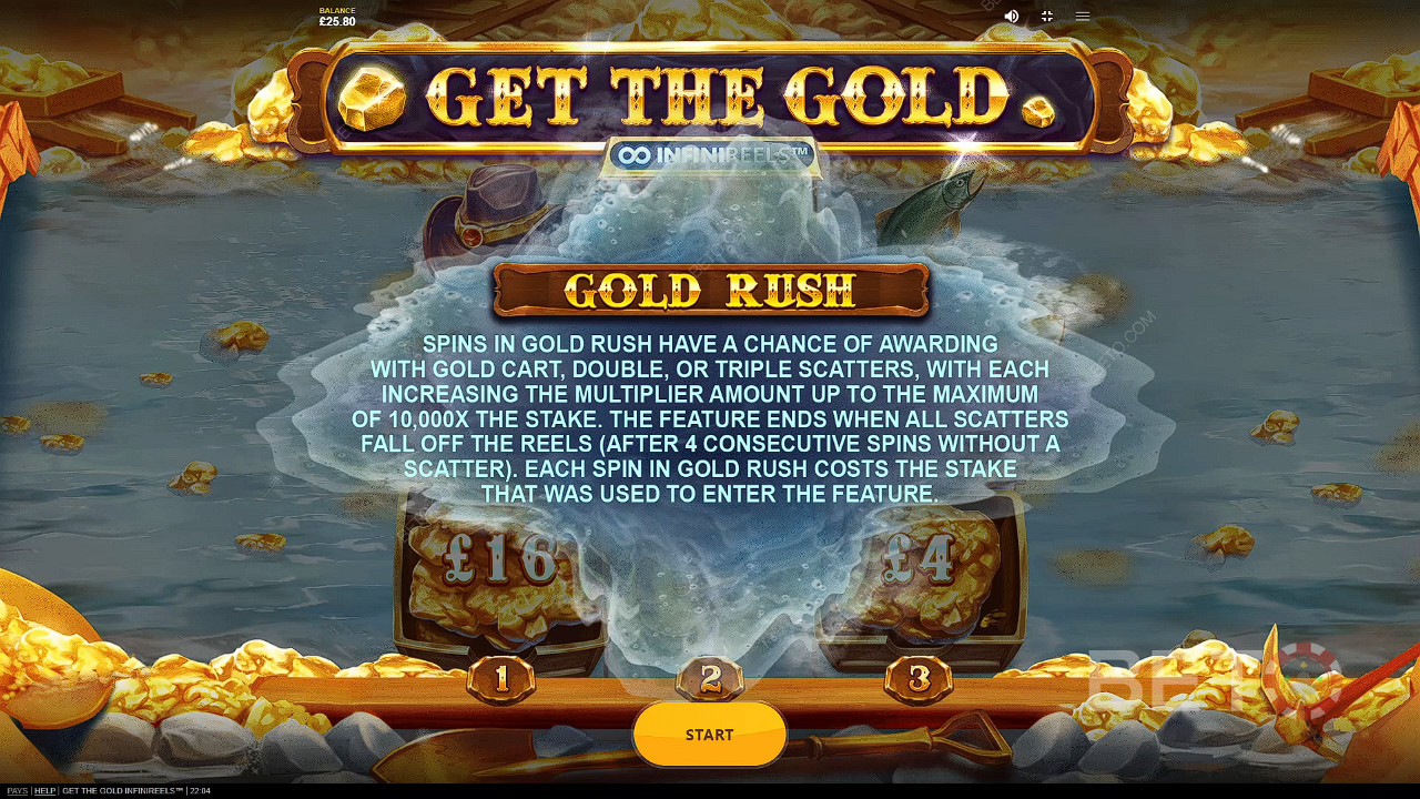 Daratkan 3 atau lebih Gold Cart Scatters untuk memulai jam Golden Rush