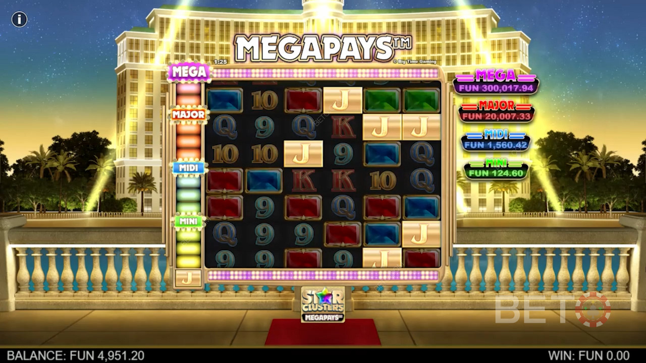 Daratkan setidaknya 4 kali simbol Megapay untuk menang di slot Star Clusters Megapays