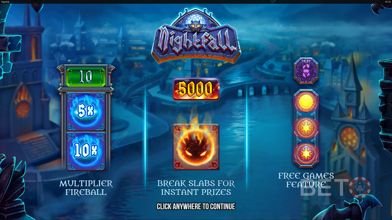 Nikmati fitur luar biasa seperti Bola Api Pengali dan Putaran Gratis di slot Nightfall