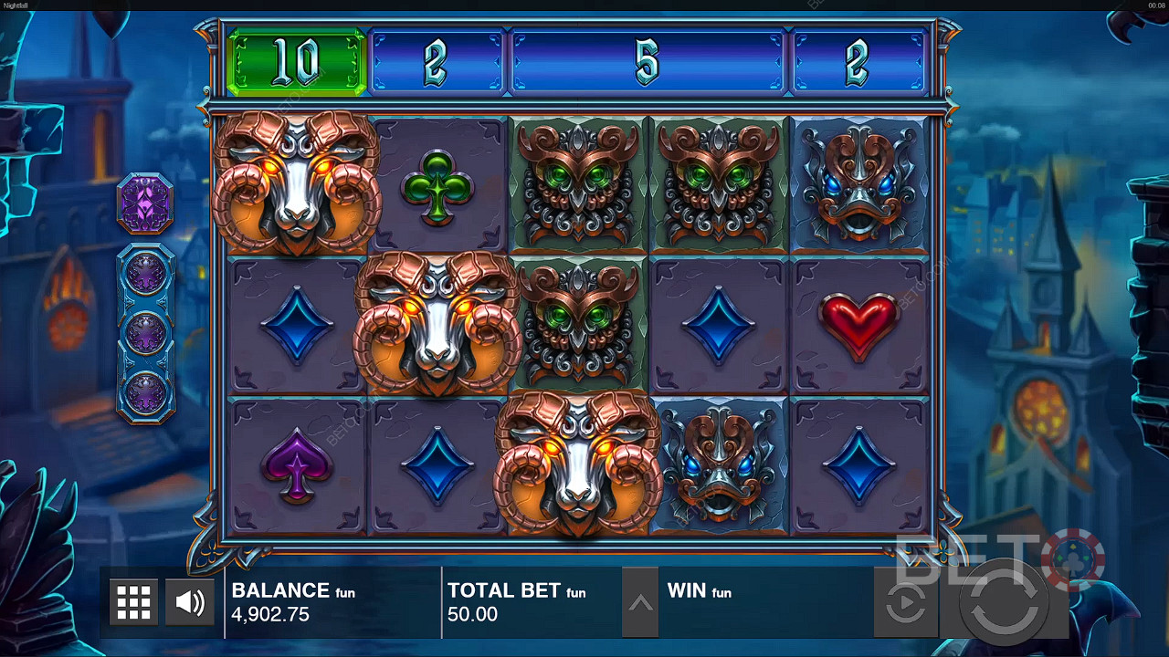 Daratkan simbol yang cocok dari kiri ke kanan untuk mendapatkan kemenangan di mesin slot Nightfall