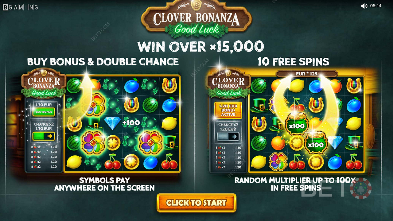 Nikmati fitur Beli Bonus, Kesempatan Ganda, dan Spin Gratis di slot Clover Bonanza