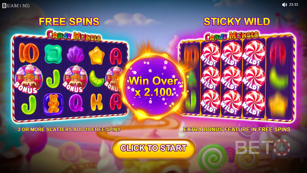 Mainkan Slot Candy Monsta - sekarang untuk kesempatan memenangkan hadiah uang tunai senilai 1,000x total taruhan