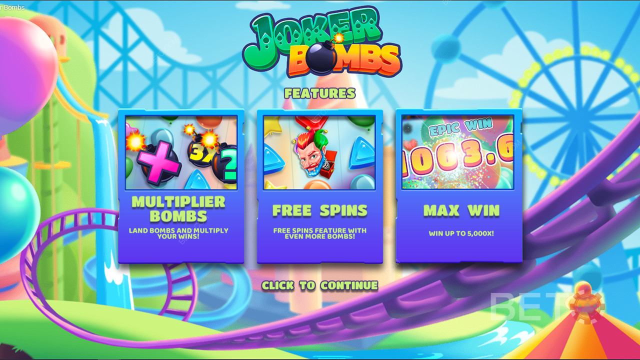Nikmati Bom Pengali, Putaran Gratis, dan banyak lagi di mesin slot Joker Bombs