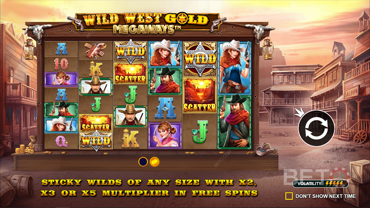 Simbol Wild Lengket dengan Pengali hingga 5x ada di slot Wild West Gold Megaways
