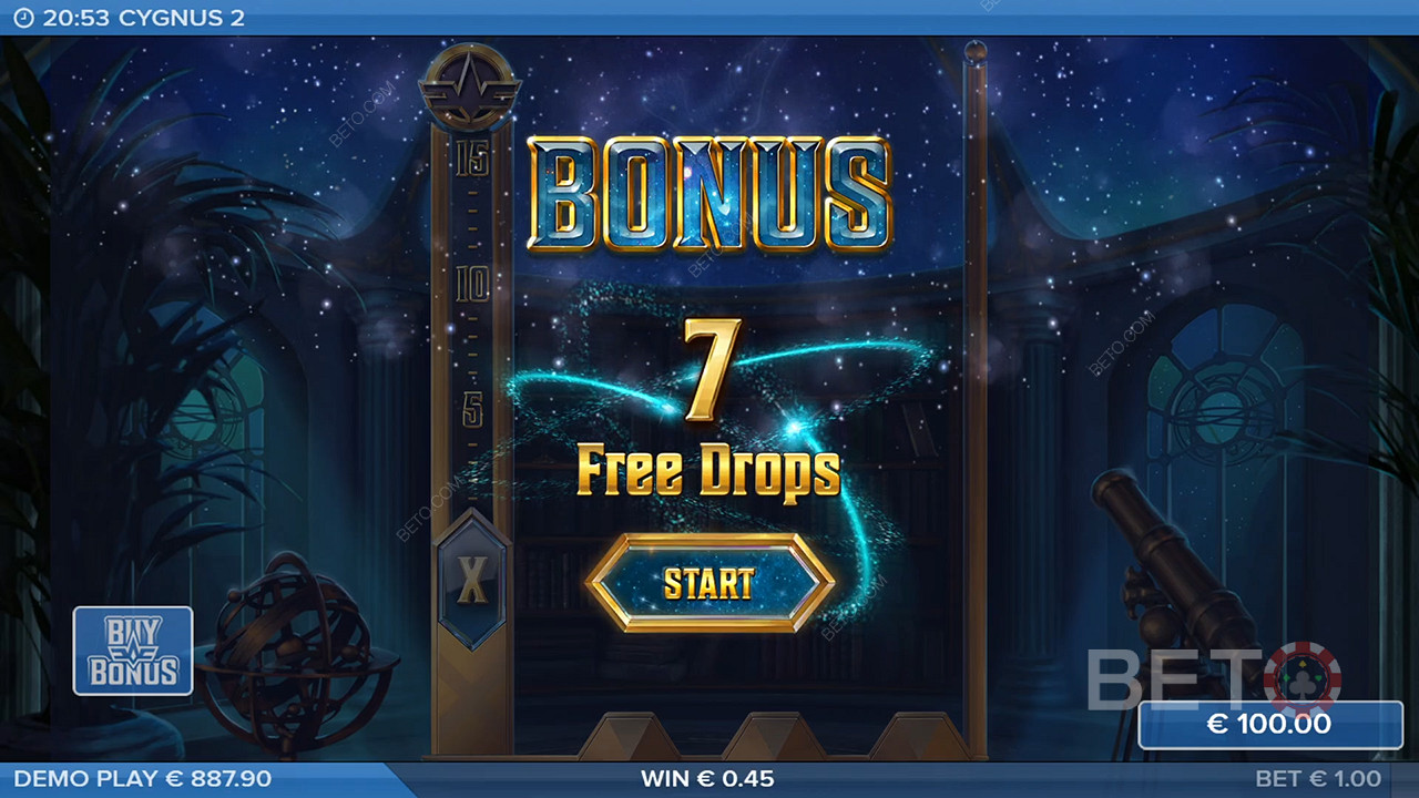 Anda akan memicu 7 Free Drops ketika simbol bonus mendarat di gulungan paling kiri