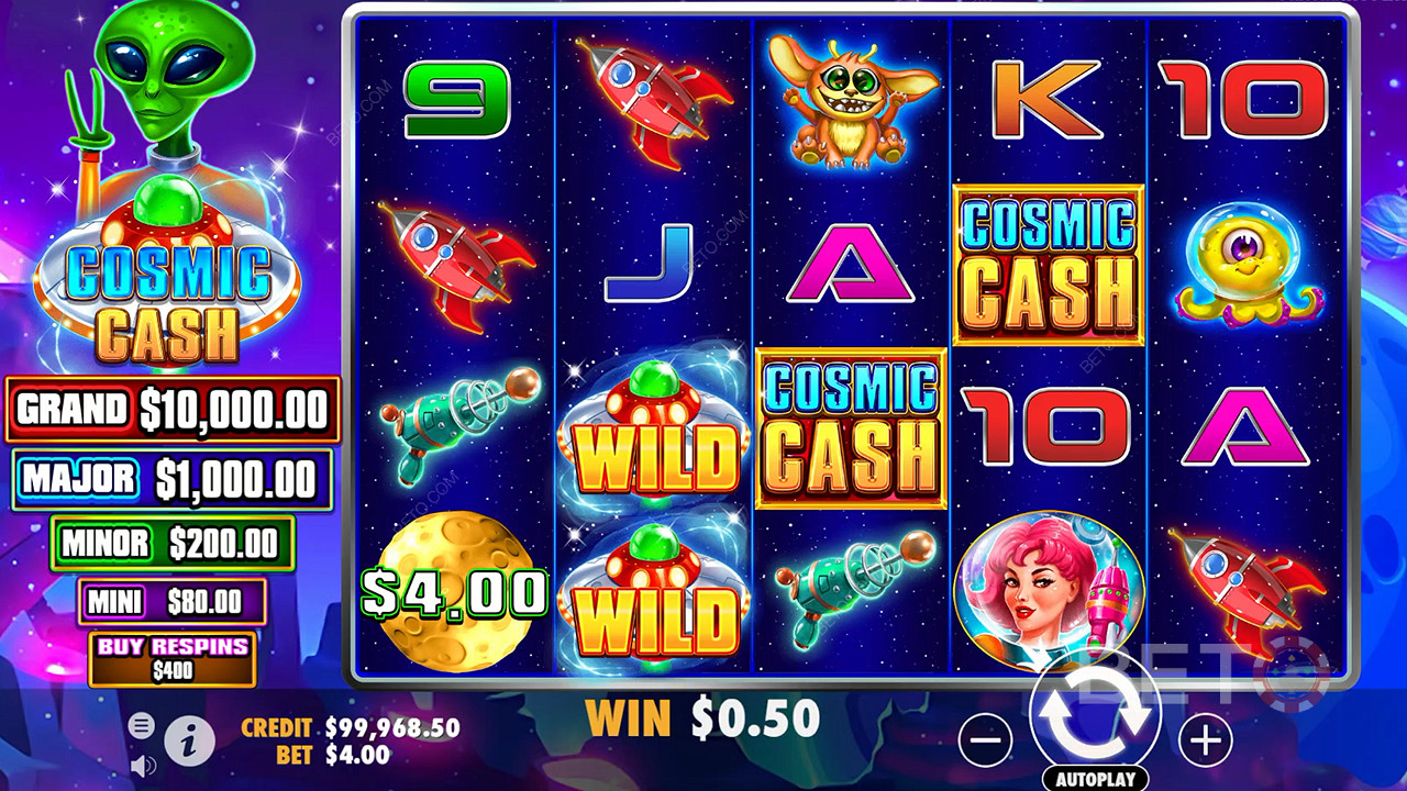 Ada banyak simbol Wild di permainan dasar di slot kasino Cosmic Cash