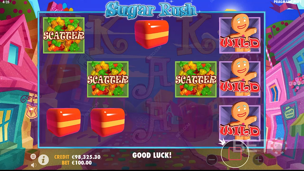 Spin Gratis diaktifkan dengan mendaratkan setidaknya 3 Scatter di permainan slot Sugar Rush